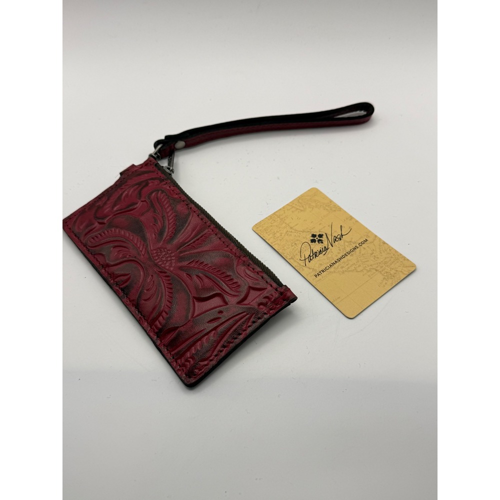 Patricia Nash Red Tooled Leather RFID Card Case‎ Wristlet Embossed Wallet New